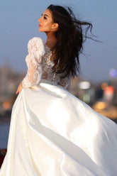 Charming Long Sleeves V-neck Satin Wedding Dress with Lace